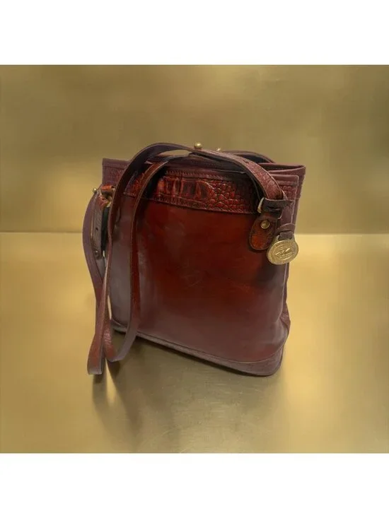 VTG Brahmin Tuscan Bucket Bag Chestnut Leather Croc Embossed Trim 90s USA Charm - Picture 4 of 12